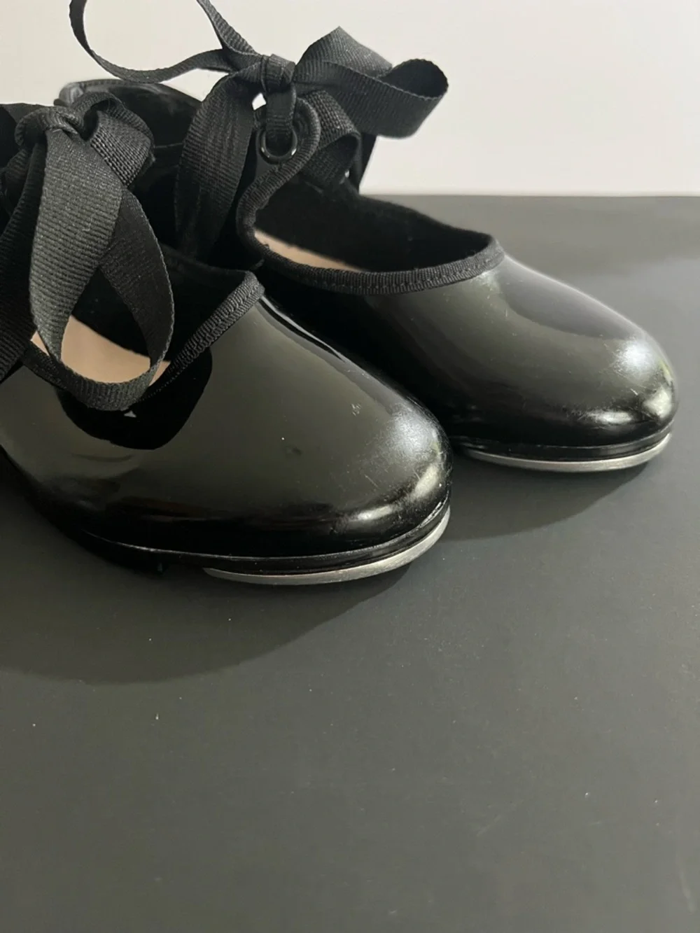 Capezio Black Patent Leather Mary Jane Ribbon Tie Little Girls Tap Dance Shoes